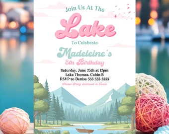 Girl's Lake Birthday Party Invitation Girl's Pink Boat Lake Birthday Party Summer Lake Water Party Join Us At The Lake Party Invite L2A