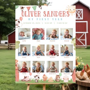 Puede incluir: Un letrero de hitos para bebés personalizado con el nombre "Oliver Sanders" y "My First Year". Incluye fotos de los meses uno a doce, con un tema de granja, la fecha 25 de octubre de 2023 y un peso de 3,5 kg.
