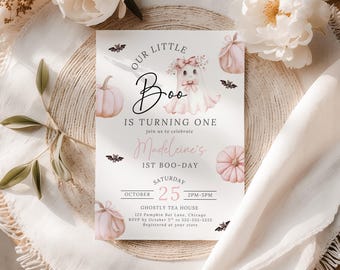 Girls Our Little Boo First Birthday Invitation Editable Pink Halloween Ghost 1st Birthday Evite Pink Pumpkin 1st Birthday Party Canva HG1