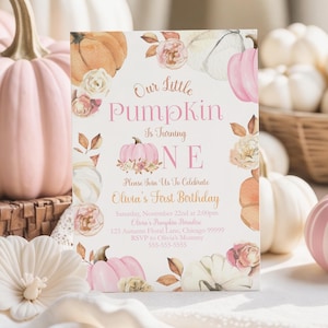 Our Little Pumpkin First Birthday Invitation Girl Fall Birthday Mobile Evite Pink Pumpkin Theme Editable Autumn One Printable Template PM1