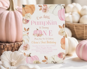 Our Little Pumpkin First Birthday Invitation Girl Fall Birthday Mobile Evite Pink Pumpkin Theme Editable Autumn One Printable Template PM1