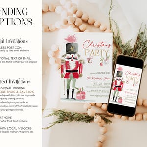 Digital and printable Nutcracker Christmas Invitation mockup displaying the invitation on both phone and printed card formats. Shown with soft wood beads and greenery, illustrating versatile sending options for digital sharing or professional printing through The Printable Occasion.