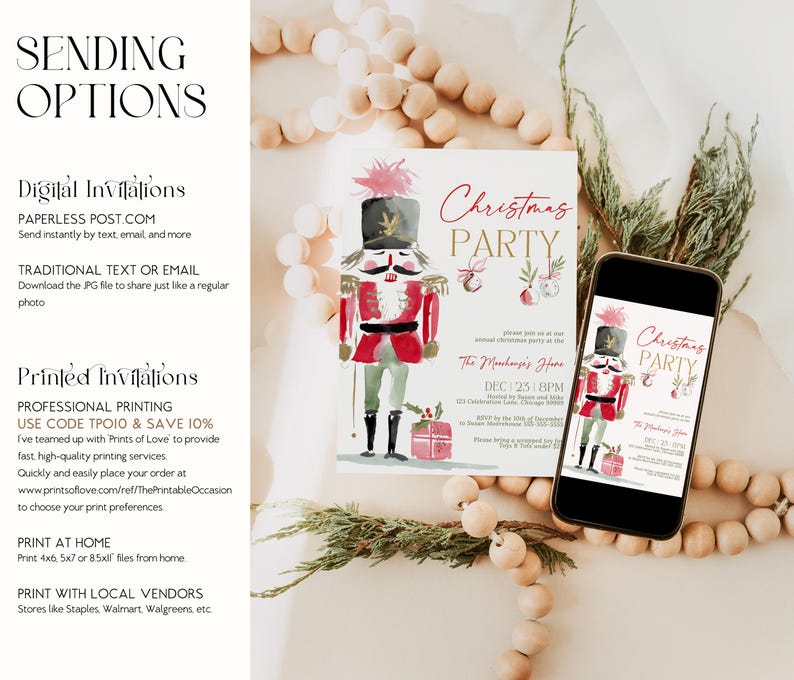 Digital and printable Nutcracker Christmas Invitation mockup displaying the invitation on both phone and printed card formats. Shown with soft wood beads and greenery, illustrating versatile sending options for digital sharing or professional printing through The Printable Occasion.