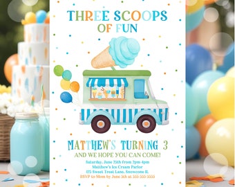 Editable Ice Cream Truck Three Scoops Of Fun 3rd Birthday Party Invitation Ice Cream 3rd Birthday Three Scoops Of Fun Instant Download C3E