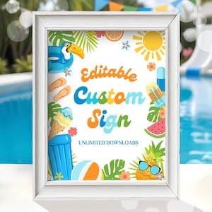Pool Party Fully Editable Custom Sign Tropical Toucan Pool Float Pool Party Summer Pool Splash Pad Favors Decor Instant Download P8