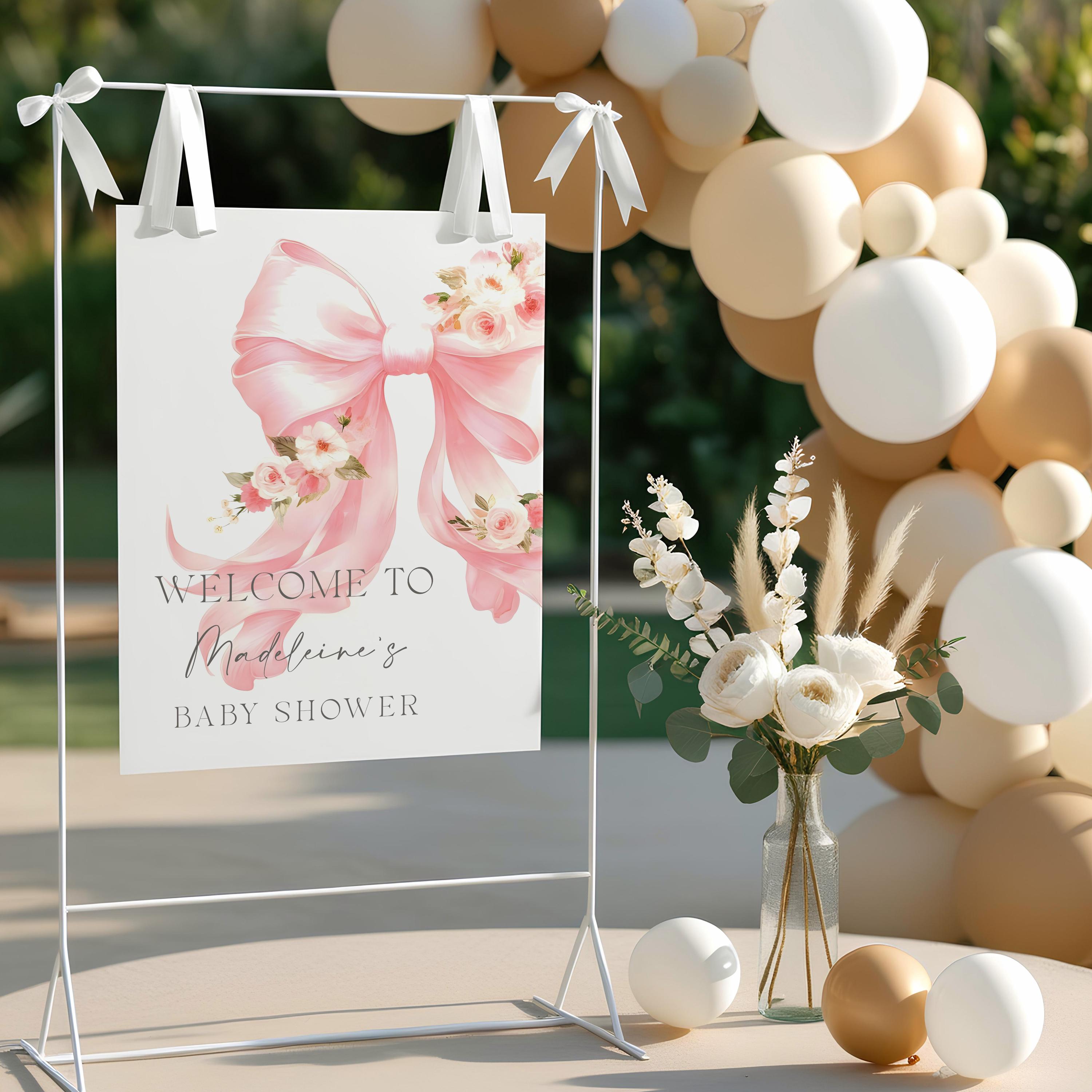 Pink Floral Bow Baby Shower Welcome Sign Editable Template Pink Blush ...