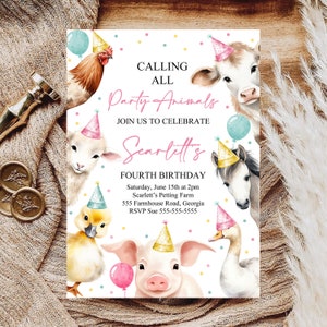Editable Calling All Party Animals Farm Girl Birthday Invitation Pink Farm Birthday Party Invite Farm Animals Birthday Invitation Canva