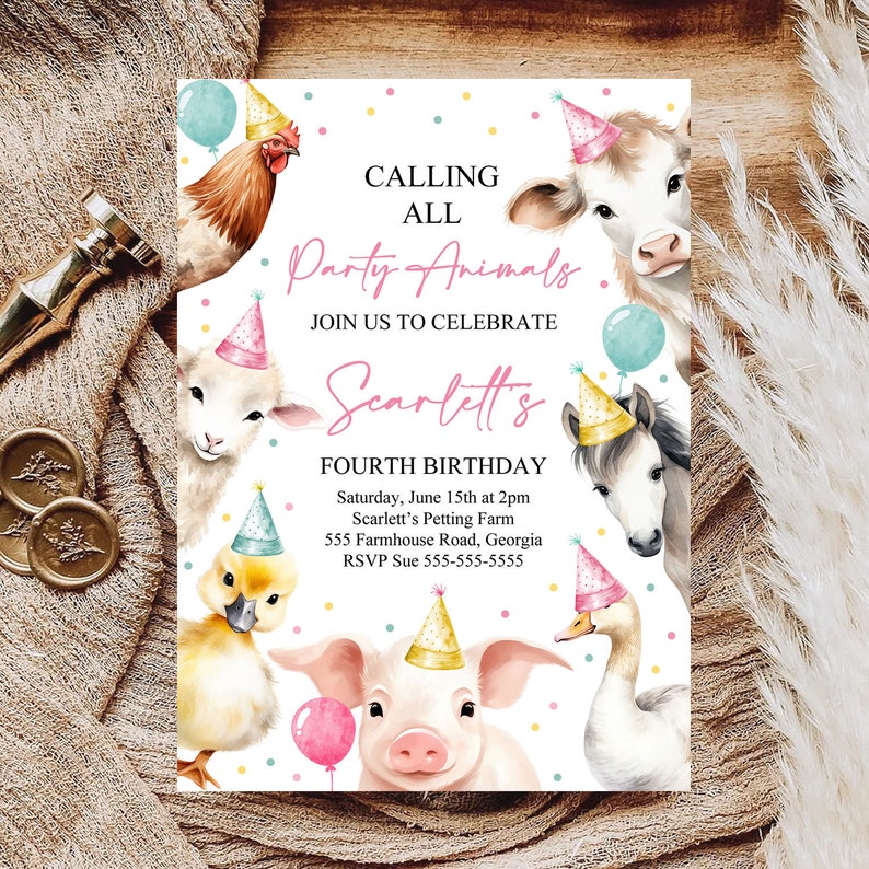 Editable Calling All Party Animals Farm Girl Birthday Invitation Pink Farm Birthday Party Invite Farm Animals Birthday Invitation Canva