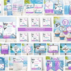 May include: A set of printable party decorations for a mermaid and shark themed birthday party. The set includes invitations, cupcake toppers, favor tags, water bottle labels, signs, and a banner. The colors are pink, blue, and purple with watercolor accents.