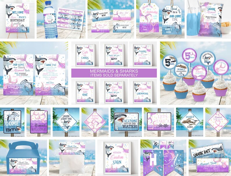 May include: A set of printable party decorations for a mermaid and shark themed birthday party. The set includes invitations, cupcake toppers, favor tags, water bottle labels, signs, and a banner. The colors are pink, blue, and purple with watercolor accents.