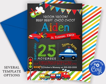 EDITABLE Transportation Invitations, Transportation Birthday Party Invitations, Cars Trucks Plane Train Invitations, Transportation Party T1