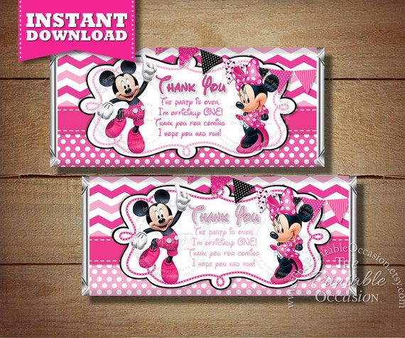INSTANT DOWNLOAD Pink Chevron Mickey Minnie Birthday Candy Bar Wrapper, First Birthday Mickey and Minnie Thank You Printable Il_570xn