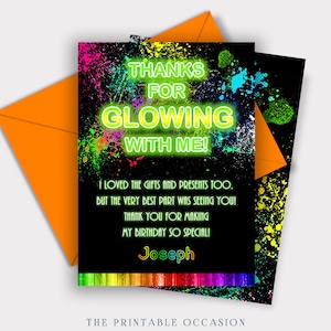 EDITABLE Glow Birthday Thank You Card Boys Glow Thank You Neon Glow Thank You Neon Glow Party Glow The Dark Birthday Party Download GL4
