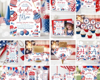 4th of July Birthday Invitation Bundle Editable Little Firecracker 4th of July Invitation Template Patriotic Kids Birthday Party Decor P2