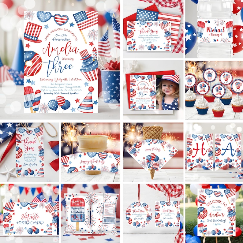 May include: A collection of patriotic party supplies in red, white, and blue. Includes invitations, thank you cards, cupcake toppers, banners, food cards, and water bottle labels. Designs feature flags, stars, and festive illustrations for a birthday celebration.