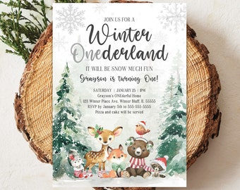 Editable Winter ONEderland Woodland Birthday Party Invitation Winter ONEderland First Birthday Invite Christmas Forest Animals Trees W6