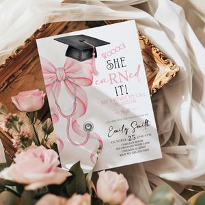 RN Graduation Invitation Pink Bow Nurse Graduation Party Invite She Earned It RN Grad Party Template Nursing School Pinning Ceremony N1