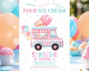 Editable Ice Cream Truck Birthday Invitation I scream You Scream We All Scream Four Ice Cream 4th Birthday Party Invite Instant Download C3D