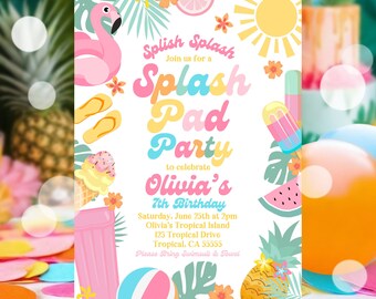 EDITABLE Splash Pad Birthday Party Invitation Tropical Splish Splash Girly Pool Party Invite Summer Splash Pad Party Instant Download P4