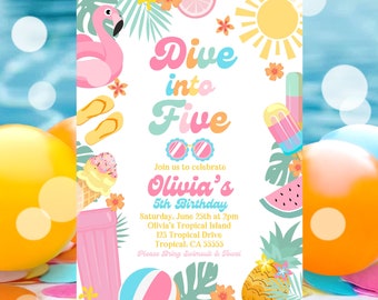 EDITABLE Dive Into Five 5th Birthday Party Invitation Tropical Summer Splish Splash Girly Pool Birthday Party Instant Download P4