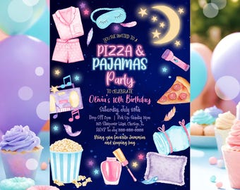 Editable Pizza and Pajamas Birthday Invitation Movie Night Party Girl Pink Teen Tween Slumber Party Digital Corjl Template Printable SO3