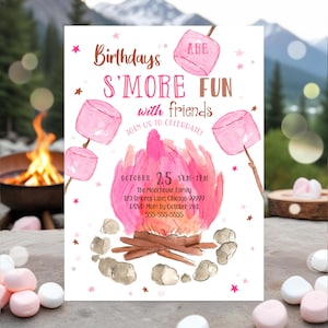 Girl Smores Birthday Invitation EDITABLE Pink S'mores Bonfire Birthday Invite Printable Pink Camping S'mores  Bonfire Party Template SM1