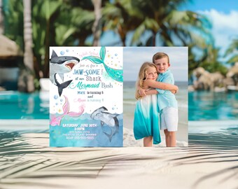 EDITABLE Sharks and Mermaids Invitation Template Twin Pool Party Invite Sharks and Mermaids Birthday Sibling Pool Party Instant Download SH3