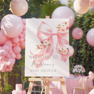 Pink Floral Bow Baby Shower Welcome Sign Editable Template Pink Blush Coquette Baby Shower Entrance Sign Template Pink Ribbon Minimal FB2