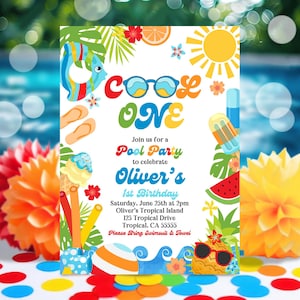 Editable Cool One Birthday Invitation Pool Party First Birthday Boy Summer Splash Tropical Kids Pool Party Invite Instant Download P9A