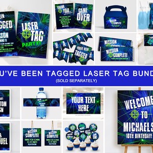 May include: A laser tag party printable bundle featuring a dark blue background with neon green laser beams and target graphics. Includes invitations, banners, candy bar wrappers, water bottle labels, cupcake toppers, and welcome signs with text.