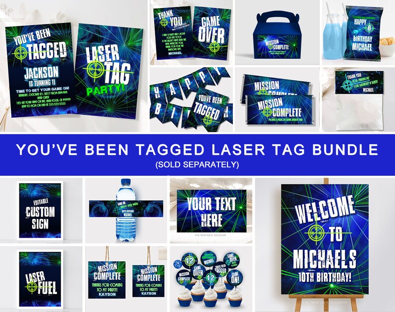 May include: A laser tag party printable bundle featuring a dark blue background with neon green laser beams and target graphics. Includes invitations, banners, candy bar wrappers, water bottle labels, cupcake toppers, and welcome signs with text.