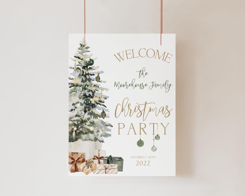 Editable Christmas welcome sign template with a watercolor holiday tree, gold ornaments, and matching wrapped gifts at the bottom. The elegant design reads “Welcome The Moorehouse Family Christmas Party,” fully customizable online. Shown hanging against a neutral beige wall, this printable Christmas party sign is ideal for holiday dinners, office events, and festive home gatherings, blending modern elegance with seasonal charm.