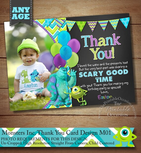 Monster Inc Thank You Card, Monster Inc Photo Thank You Card, Monster Birthday Party Thank You Card, Thank You Card Il_570xn