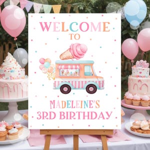 Welkomstbord voor een verjaardag met een ijscowagen voor meisjes, bewerkbaar welkomstbord voor een ijscowagen, sjabloon voor een verjaardag in een snoepwinkel, printbaar, roze/groenblauw C3B