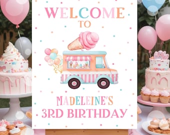 Willkommensschild zum Geburtstag für Mädchen (bearbeitbar) – Vorlage für einen Geburtstag im Süßwarenladen (druckbar) – Rosa-Türkis C3B