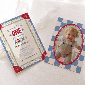 Presenting the editable invitation template on a laptop screen, this image displays both the front invitation and matching photo back design. Colorful retro typography, whimsical illustrations, and checkerboard accents are clearly visible. The workspace includes woven textures and neutral decor for a clean professional setting. The layout demonstrates how the editable Canva template is delivered after purchase.