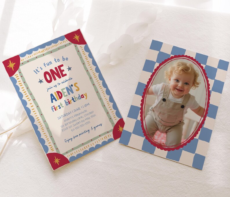Presenting the editable invitation template on a laptop screen, this image displays both the front invitation and matching photo back design. Colorful retro typography, whimsical illustrations, and checkerboard accents are clearly visible. The workspace includes woven textures and neutral decor for a clean professional setting. The layout demonstrates how the editable Canva template is delivered after purchase.