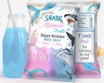 EDITABLE Shark and Mermaid Chip Bag Template, Printable Shark and Mermaid Chip Bag Wrapper, Chip Bag Label Pool Party Instant Download SH2