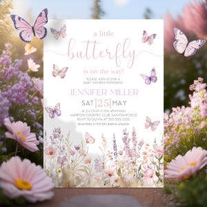 Butterfly Baby Shower Invitation Purple Butterfly Invitation Template Butterfly Baby Shower Invitation Butterflies Flowers Pink Canva FP2