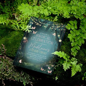 A magical forest birthday invitation rests on lush moss and ferns, surrounded by natural woodland details. The fairy garden birthday invite design features twinkling lights, butterflies, and forest greenery, making it ideal for a woodland party or girls enchanted garden birthday theme. Editable in Canva, this enchanted forest invite is perfect for a whimsical outdoor birthday.