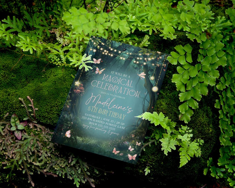 A magical forest birthday invitation rests on lush moss and ferns, surrounded by natural woodland details. The fairy garden birthday invite design features twinkling lights, butterflies, and forest greenery, making it ideal for a woodland party or girls enchanted garden birthday theme. Editable in Canva, this enchanted forest invite is perfect for a whimsical outdoor birthday.