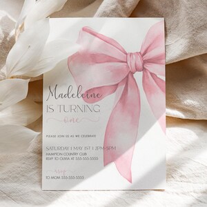 Pink Bow 1st Birthday Invitation Girl First Birthday Template Printable Pink Coquette Bow Invitation 1st Birthday Girl Invite Bow Invite