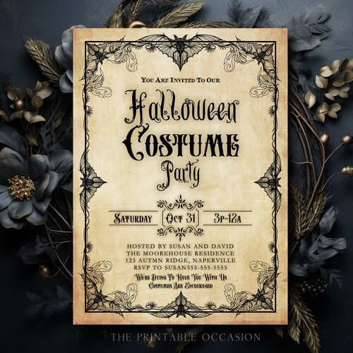 Halloween Costume Party Invitation Adult Halloween Invite Gothic Bats Antique Halloween Invitation Template Editable Printable Digital H4