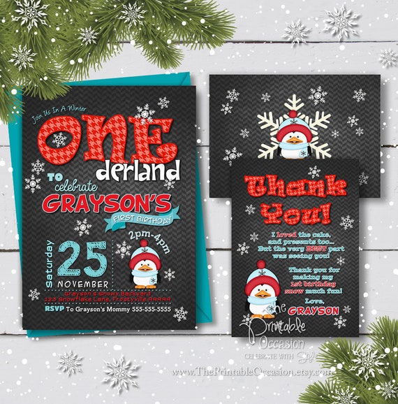 SAME DAY SVC Boy's Winter Onederland Birthday Invitation, Red Green Blue Birthday Invitation, Boys First Birthday, Chalkboard, Photo, Invite Il_570xn