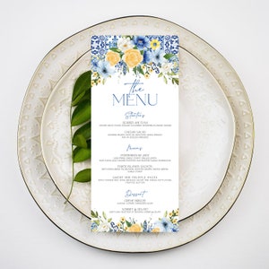 Mediterranean Blue Tiles Menu Template, Mediterranean Menu Template, Blue Yellow Floral Dinner Menu, Summer Wedding Menu, Printable Menu MT3