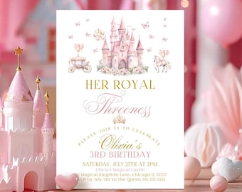 Princess 3rd Birthday Invitation Magical Castle Invite Her Royal Threeness Princess Invitation Editable Canva Template Castle Invitation PR2