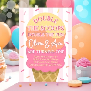 Editable Twin Ice Cream Birthday Invitation First Birthday Double the Scoops Double Fun Twins Pink Mint Gold Printable Template Corjl C4