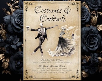 Gothic Halloween Costumes and Cocktails Halloween Invitation Dancing Skeletons Halloween Invitation Antique Vintage Halloween Invite S1