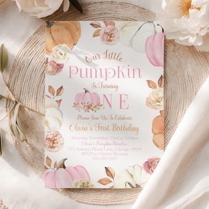 Our Little Pumpkin First Birthday Invitation Girl Fall Birthday Invite Pink Pumpkin Theme Editable Autumn One Printable Template Canva PM1