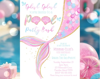 Editable Mermaid Under the Sea Pool Party Invitation Girl Birthday Invite Party Birthday Invite Printable Template Instant Download MP1